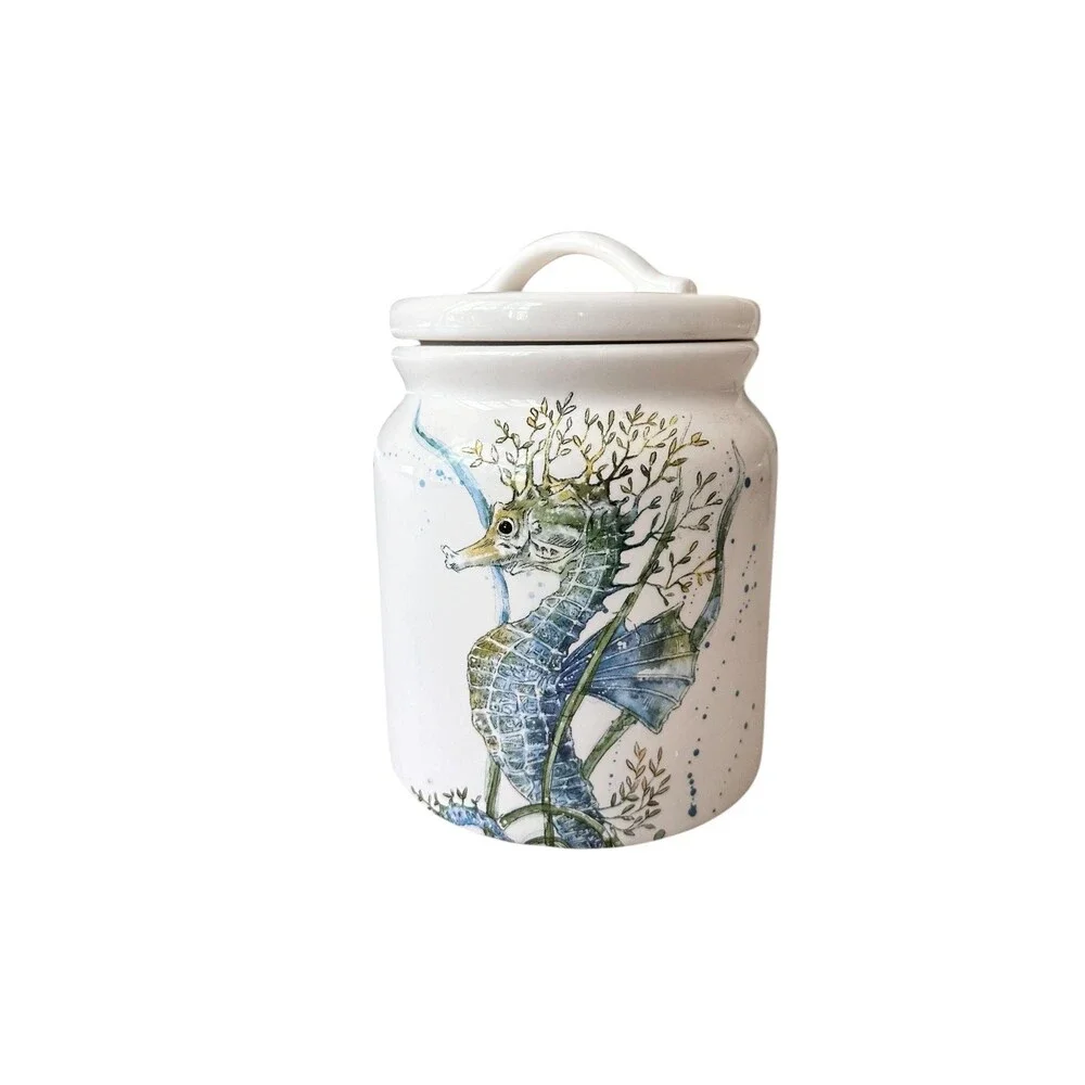 Vintage Pier 1 Imports Ironstone Seahorse Ceramic Kitchen Canister Jar With Lid
